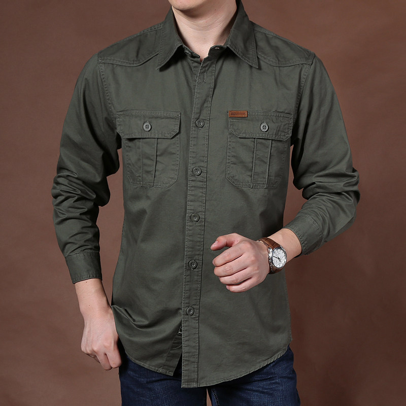 Spring Autumn Season Pure Cotton Long Sleeve Shirt Men Casual Large Size Code Loose Multi-Pocket Tooling Pure Color Business Shirt Male Tide