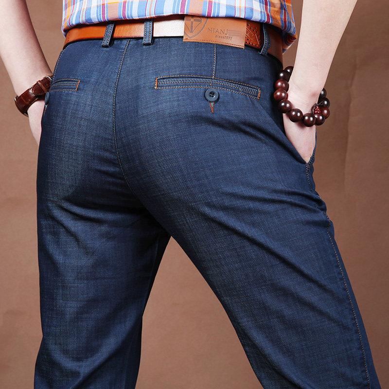 2021 summer large size thin section loose jeans men's middle waist straight slant pocket Modal stretch trousers tide