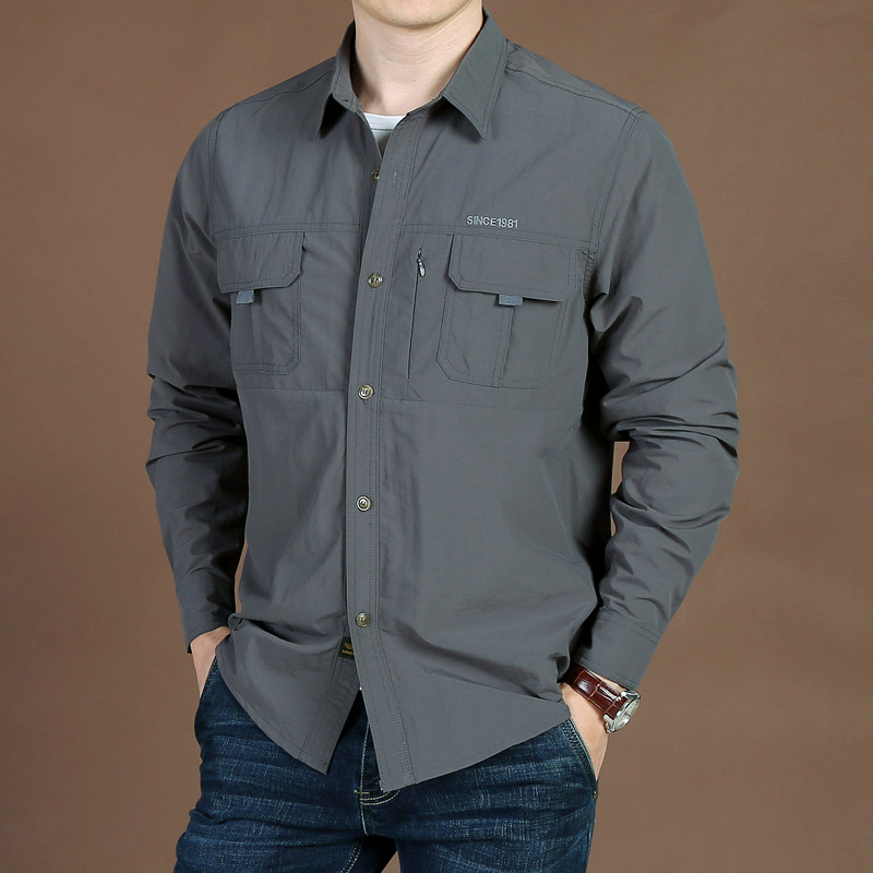 Spring men's outdoor loose large size multi-bag long sleeve shirt men's business leisure sports quick-drying shirt men's fashion