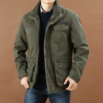 Autumn mens medium long stand-up collar jacket Mens large size loose casual cotton multi-bag tooling jacket jacket tide