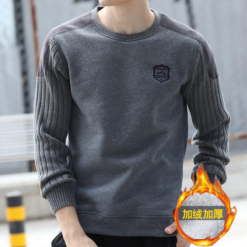 Sweater men's velvet thickened autumn and winter loose round neck casual autumn top Long-sleeved T-shirt men's warm jacket