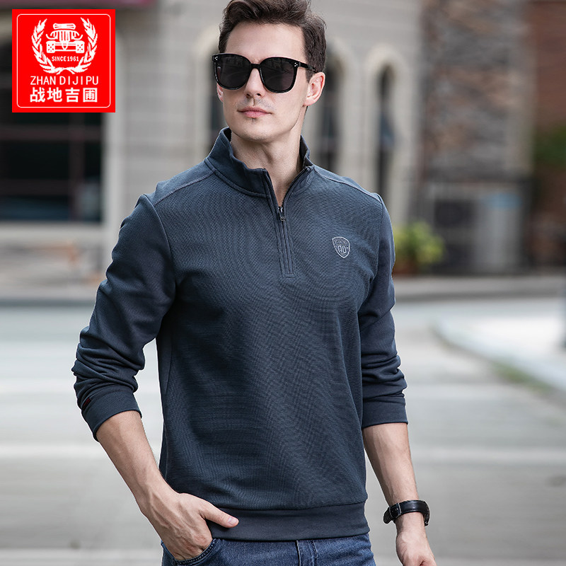 2021 new spring clothing casual blouse male collar casual loose jacket head semi-high neckline pure cotton long sleeve T-shirt male tide