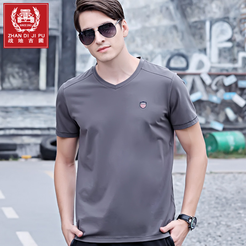 Summer new V-neck short-sleeved t-shirt men's sports loose half-sleeved t-shirt pure cotton sweetheart collar small collar T-shirt sweatshirt