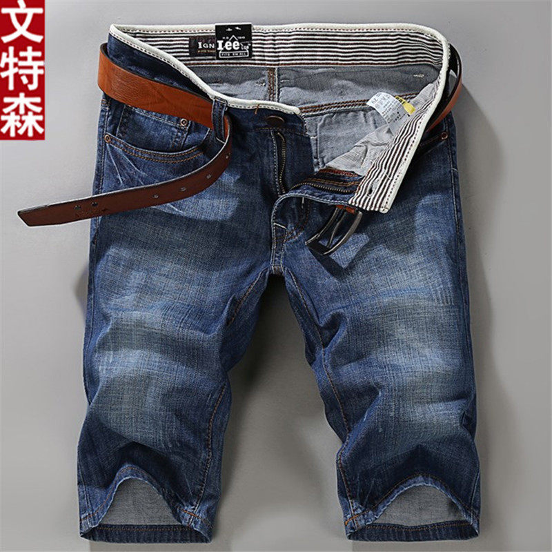 Summer thin denim shorts male straight loose youth casual man wu fen ku wu fen ku 5 male fen ku-music of the tide