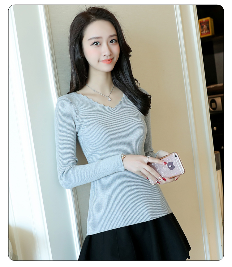 Mùa xuân 2018 mới của phụ nữ cổ chữ V co giãn đan áo thun mỏng thon dài tay áo len thủy triều quần áo nữ hàng hiệu