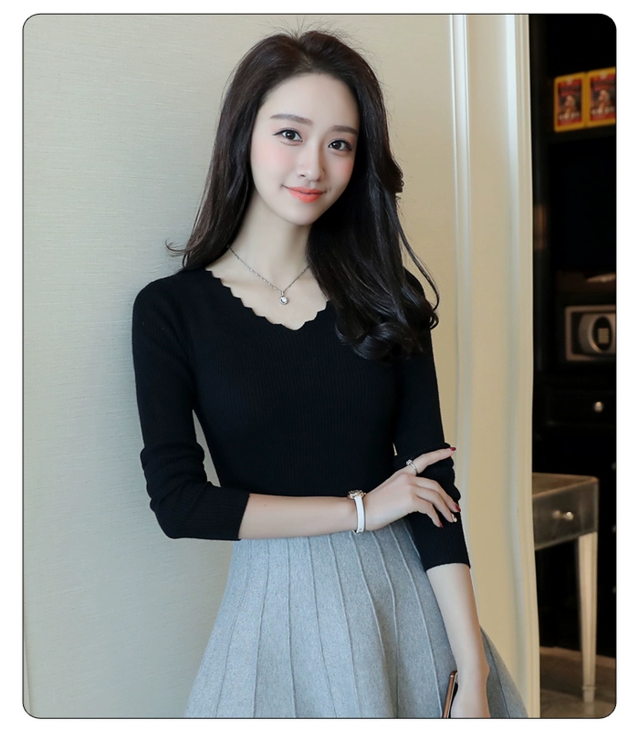 Mùa xuân 2018 mới của phụ nữ cổ chữ V co giãn đan áo thun mỏng thon dài tay áo len thủy triều