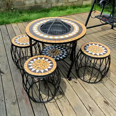 Outdoor mosaic barbecue table and chair combination European wrought iron outdoor courtyard leisure carbon baking table rack household Grill