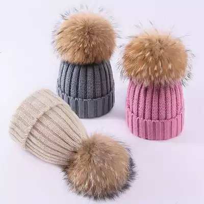 Children's autumn and winter Korean version of warm boys and girls baby knitted wool plus velvet hat baby big real hair ball tide