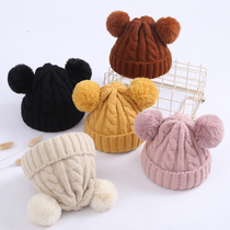 Childrens autumn and winter caps for boys and girls Korean version of warm double simulation hairball twist wool hat baby hat tide