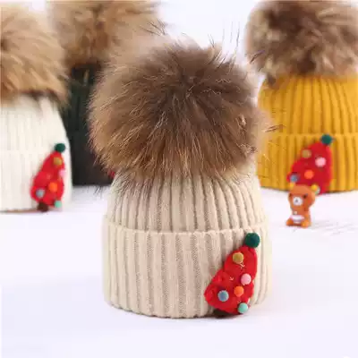 Children's winter Christmas raccoon hair ball warm knitted trendy hat men's and women's wool felt baby cute hat