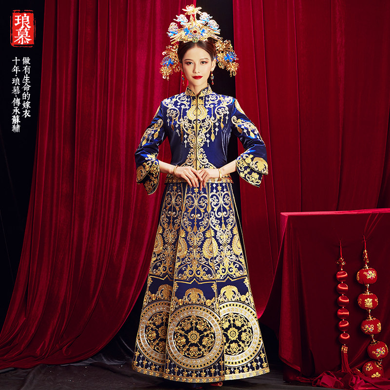 Xiuhe dress bride 2021 new blue wedding Chinese wedding dress dragon and  phoenix coat groom dress men and women out of the cabinet