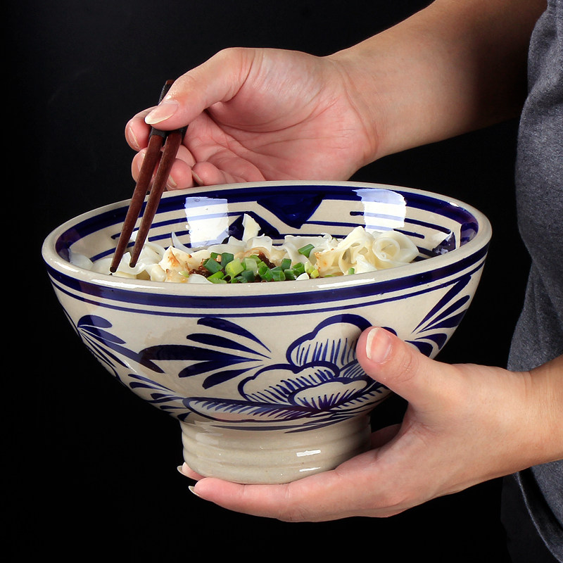 Earth Pottery Bowl ceramic beef Noodle Bowl Shaanxi flavor Noodle Bowl with Chinese hand painted green flowers High foot anti-scalding oil splashout bowl