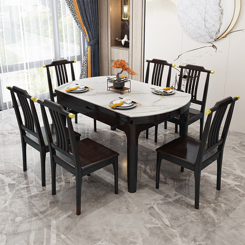Solid wood dining table and chairs combined modern minimalist rock plate square-round double-purpose retractable folding living room small family dining table-Taobao