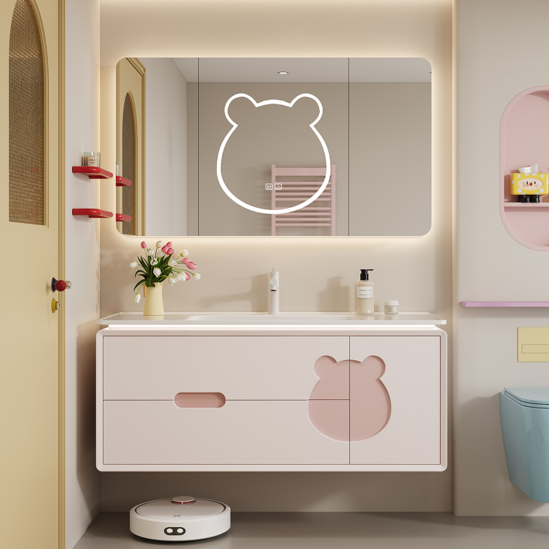 Cream-Style Dopamine Bathroom Cabinet Set with Integrated Ceramic Basin, Bathroom Vanity with Rock Slab Hot-Bent Washbasin Cream-Style Dopamine Bathroom Cabinet Set with Integrated Ceramic Basin, Bathroom Vanity with Rock Slab Hot-Bent Washbasin