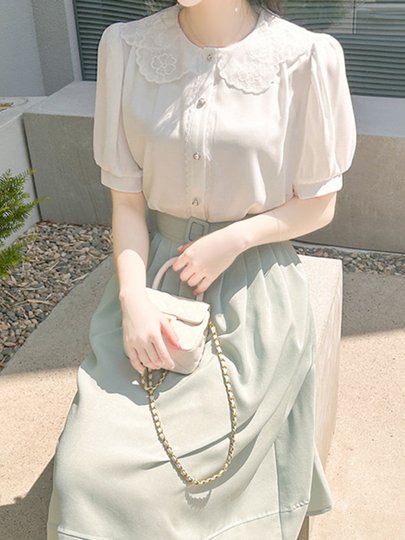雪纺衫女短袖2025夏新款娃娃领蕾丝高级感上衣别致泡泡袖衬衫白色