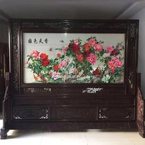 The company hall floor screen handmade Su embroidery solid wood ornaments Hotel entry partition peony blossom rich
