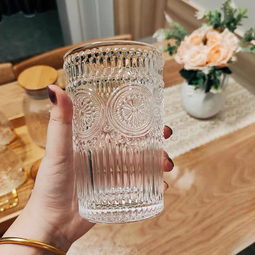 ins style retro embossed gold rim glass girl heart water glass high-value cold drink cup juice milk drink cup
