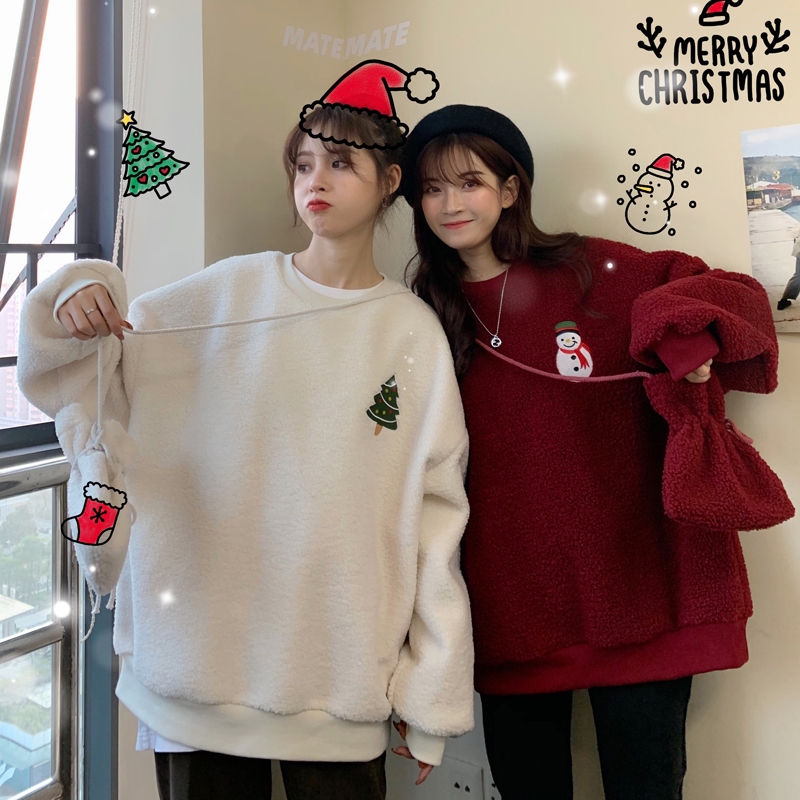 White imitation lamb hair very fairy sweater velvet thickened Christmas lazy trend ins crew neck waitmore