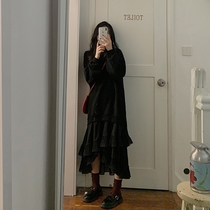 Stitching Yamamoto wind skirt autumn and winter super fairy first love irregular sweater dress female 2021 new medium-long black