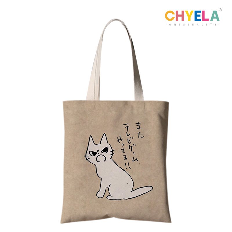 Japanese cute cartoon fried kitten hand-painted illustration simple Japanese-style one-shoulder canvas bag custom bag AU11