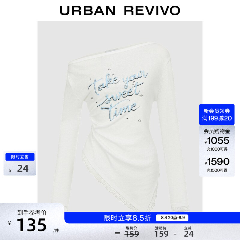 Ur2026 New Autumn Women's Casual Off-Shoulder Distressed Printed Lace T-Shirt Uyl460228+