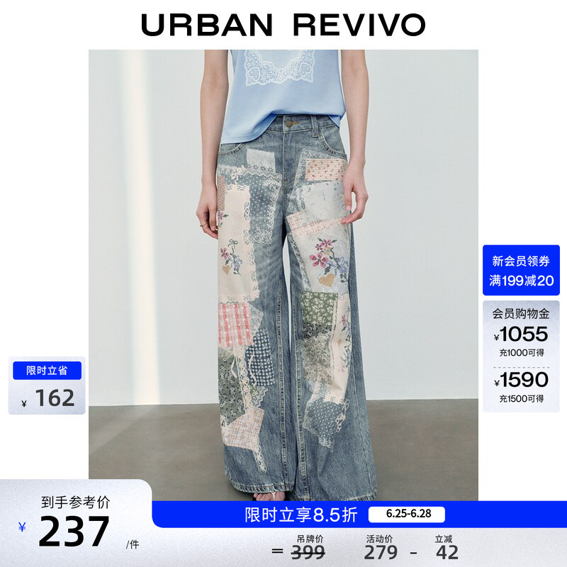 Ur2026 Spring New Style Women's Casual Patchwork Printed Denim Lyocell Wide-Leg Casual Pants Uyl860083+