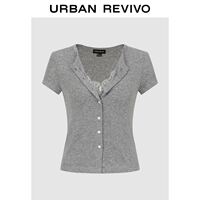 URBAN REVIVO เสื้อลูกไม้แขนสั้นคอวีสำหรับผู้หญิงเสื้อเบลาส์ลำลองเข้ารูปพอดีสองชิ้นตกแต่งด้วยลูกไม้ Atasan Bahan Rajut UWH460088