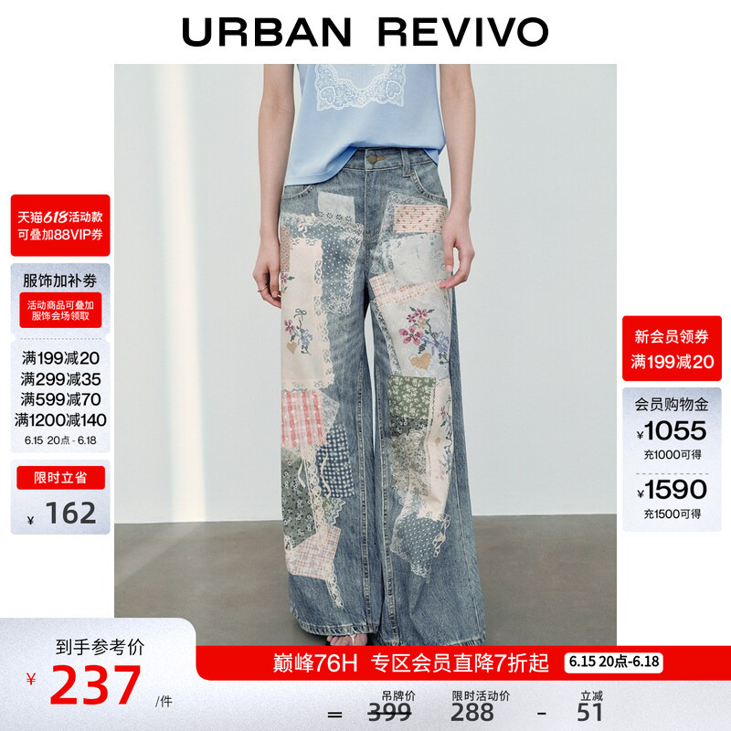 Ur2026 Spring New Style Women's Casual Patchwork Printed Denim Lyocell Wide-Leg Casual Pants Uyl860083+