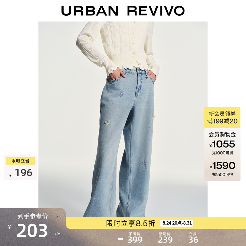 Ur2026 New Summer Women's Casual Cotton Beaded Floral Rhinestone Denim Pants Uyl860112