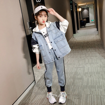 Girls spring clothing suit 2022 new childrens net red denim two sets of foreign air children clothes girl clothes wave