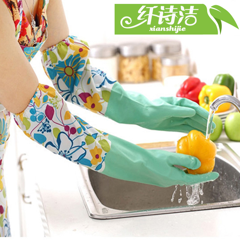 Kitchen cleaning dishwashing laundry Latex rubber housework rubber brush bowl gloves female velvet warm waterproof durable