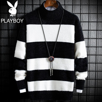 Playboy mink velvet knit base shirt black and white stripes semi-turtleneck trend winter sweater men wear