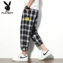Playboy summer casual pants black and white grid pants mens summer pants loose ankle-length pants mens pants spring and summer thin