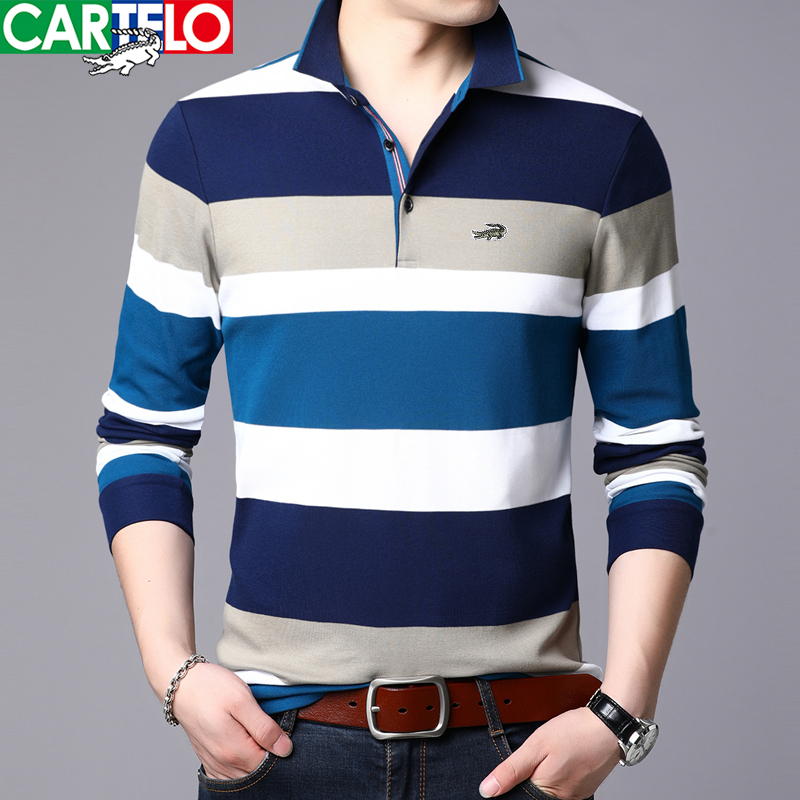 Cardilo crocodile long-sleeved T-shirt men's striped cotton lapel T-shirt men's spring and autumn thin casual polo shirt