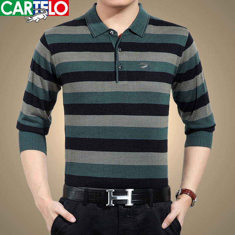 Cardilo crocodile men's lapel striped T-shirt middle-aged and elderly T-shirt long-sleeved loose large size top dad wear
