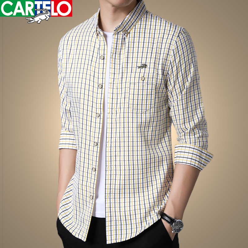 Cardile crocodile men's plaid long-sleeved shirt Slim men's middle and young buckle collar true pocket shirt Men's top