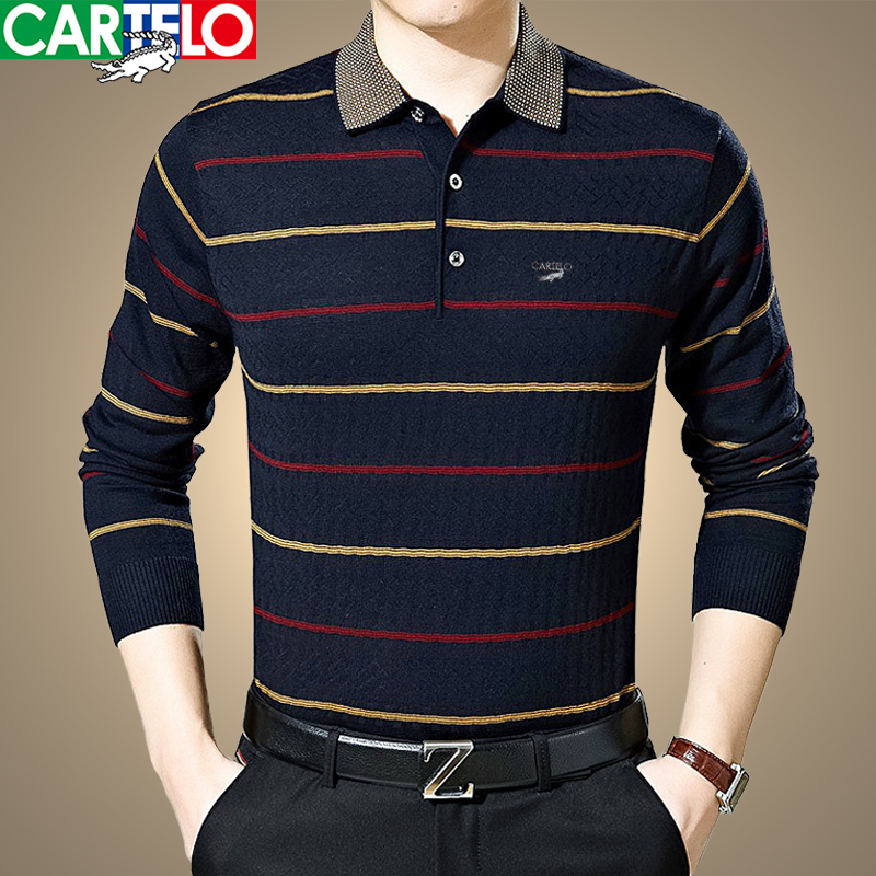 Carcodile Crocodile Plus Suede Thickened Middle-aged Men's Flipped Long Sleeve T-shirt Striped Casual Middle Aged Dad Dress