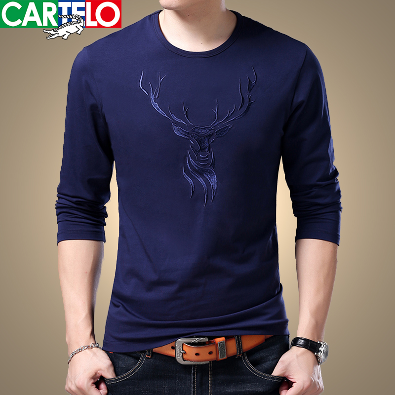 Cardiole Crocodile Spring/Summer New Men's Long Sleeve Cotton T-Shirt Round Neck Pullover Cotton Top Deer Head T-Shirt Men