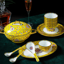 Jingdezhen court bowl household ceramic rice bowl plate Chinese enamel bone porcelain bowl plate spoon chopsticks set combination