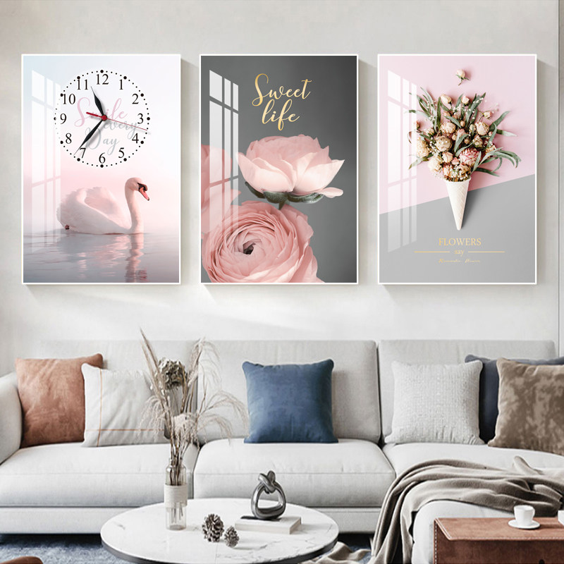Living room decorative painting triple frameless painting sofa background wall mural bedroom hanging painting mute clock crystal wall clock