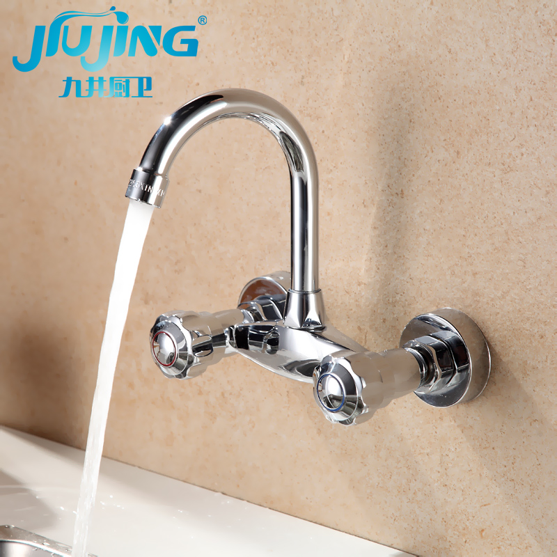 Wall-in-wall kitchen tap Balcony Cage Head Hot And Cold Full Copper Double Handle Double Holes Wash Basin Sink Tap