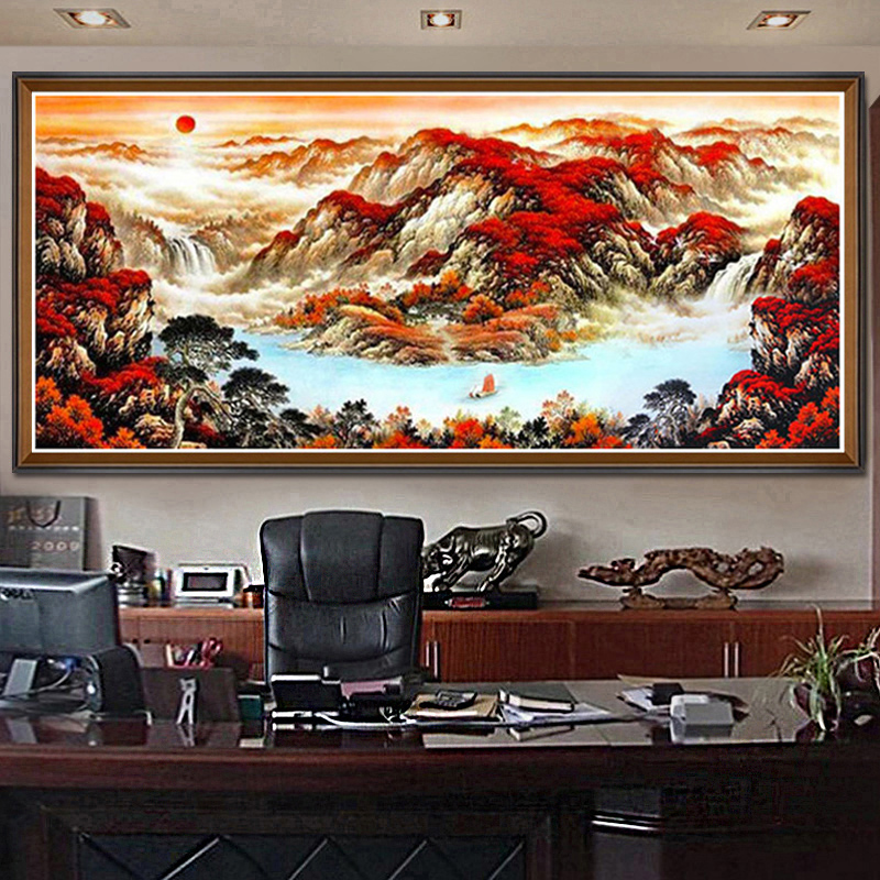 New Chinese sofa background decoration painting living room horizontal mural office hanging painting back mountain feng shui painting Hongyun head