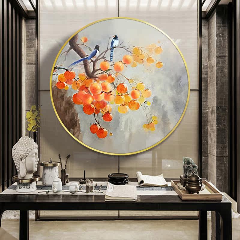 New Chinese Xuanguan counter decoration painting Living room frescoed dining room Dining Hall Round Hanging Painting Matter Persimmon Hand-painted Oil Painting