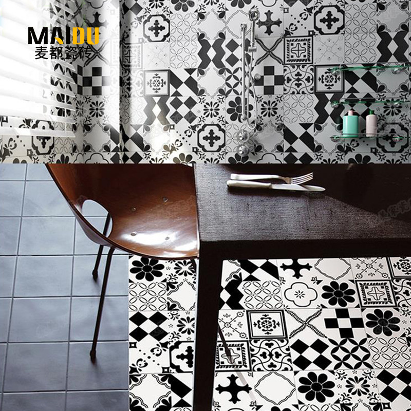 Foshan 300 * 300MM Spanish Mix Graphics Art Black & White Flowers Brick Clothing Store Makeup Room Non-slip Floor Tiles
