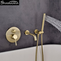 All-copper European brushed gold concealed shower In-wall shower set Rotating bathtub faucet Cylinder edge creative