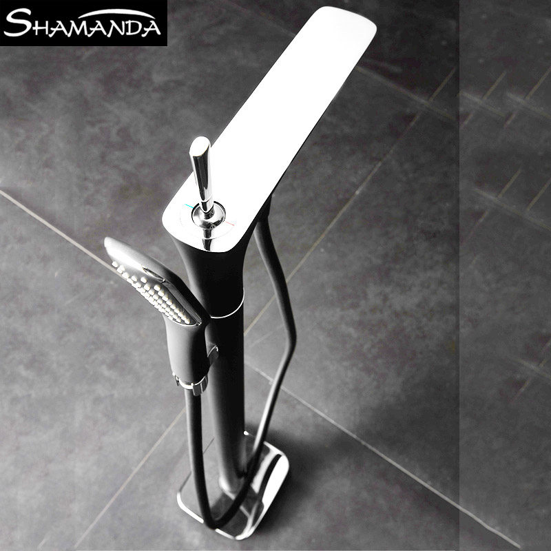 SHAMANDA All copper hot and cold water white floor-standing bathtub faucet Cylinder edge black column shower SET