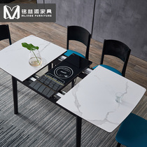 Rock board scratch-resistant dining table Retractable folding household modern simple small household solid wood table with electromagnetic stove