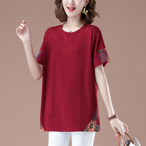 Summer thin middle-aged fat mother plus fat womens T-shirt short sleeve cotton clothes loose elderly summer top