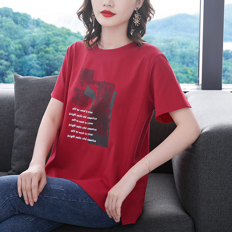 Middle Aged Mother Pure Cotton Short Sleeve T-shirt Woman Summer New Expensive Lady Big Size Women's Dress T-shirt Summer Dress Red Blouse