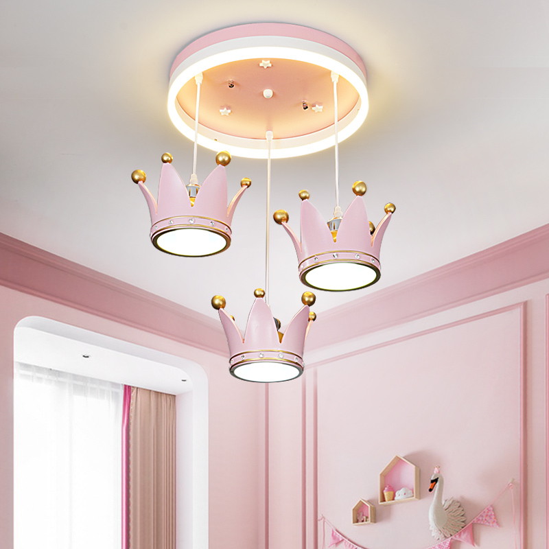 Pink Crown Pendant Lamp Children Room Light Girl Bedroom Princess Room Personality Creative Cozy Sweet European-style lamps